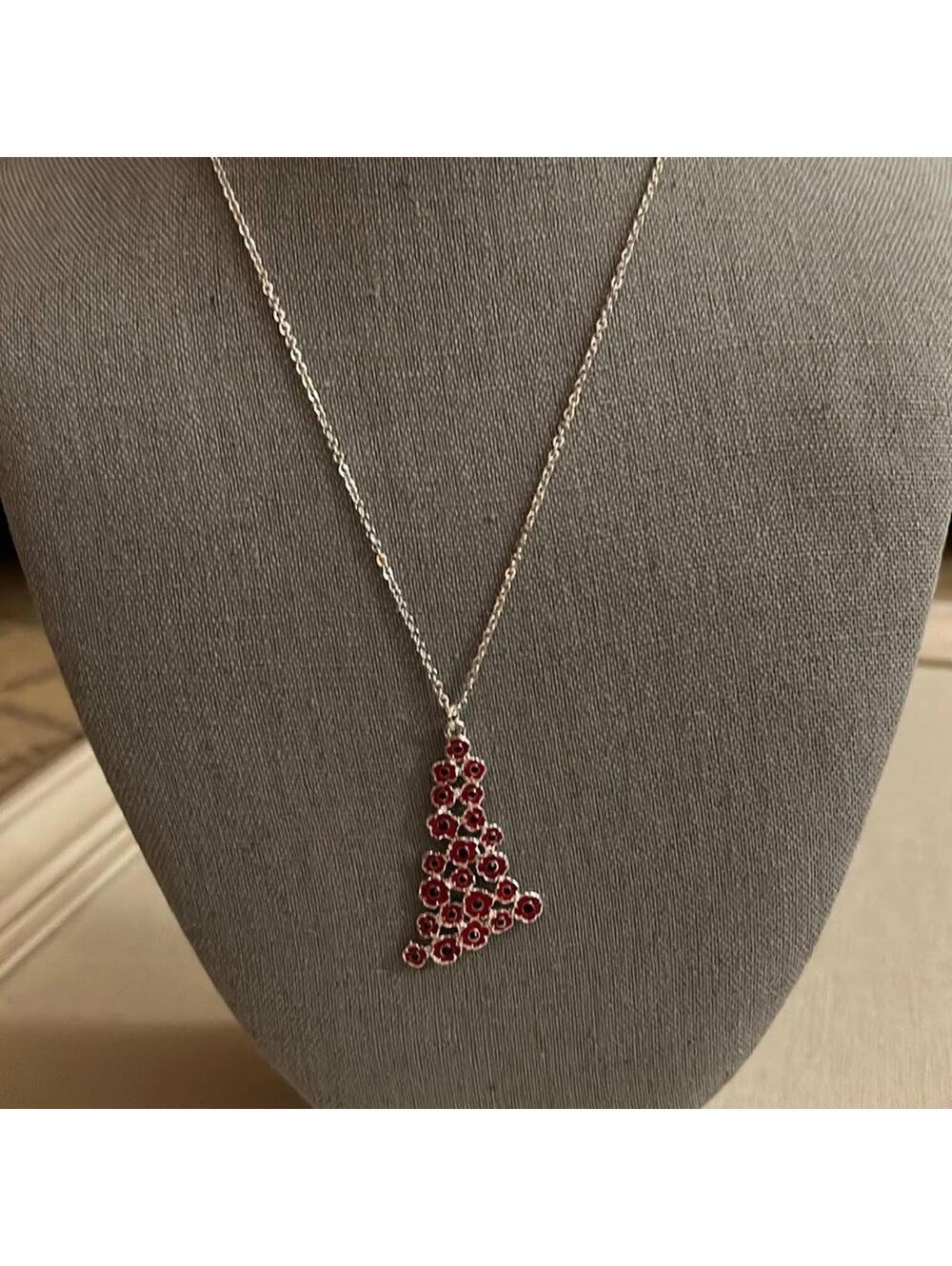 Red enamel poppy flowers pendant w silver chain NWOT